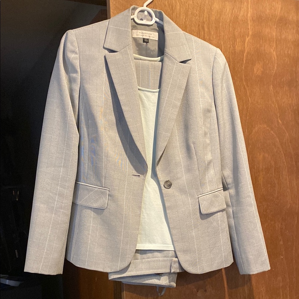 Tahari Gray and Blue Checked Women's Pantsuit